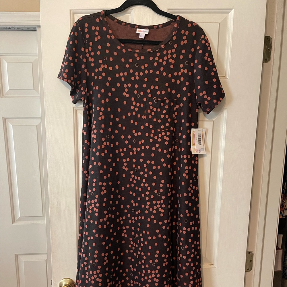 Lularoe brown  Carly with copper polkadots